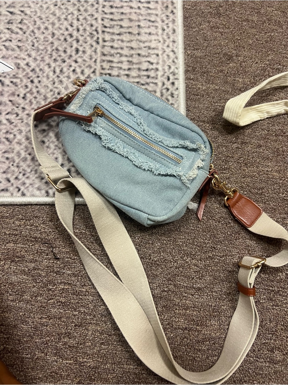 Universal Thread Light Blue Denim Frayed Crossbody with Cream Canvas uStrap